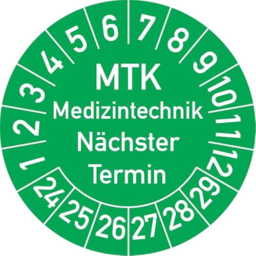 MTK Medizintechnik Nächster Termin Prüfplakette, 100 Stück, in verschiedenen Farben und Größen, Prüfetikett Prüfsiegel Plakette MTK Prüfung (25 mm Ø, Grün) von Rosenbaum Offsetdruck