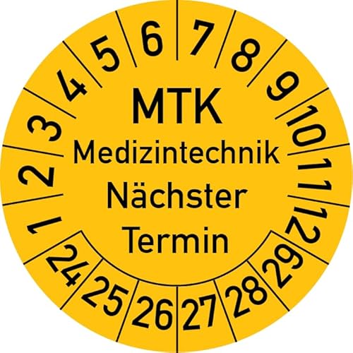 MTK Medizintechnik Nächster Termin Prüfplakette, 100 Stück, in verschiedenen Farben und Größen, Prüfetikett Prüfsiegel Plakette MTK Prüfung (25 mm Ø, Gelb) von Rosenbaum Offsetdruck