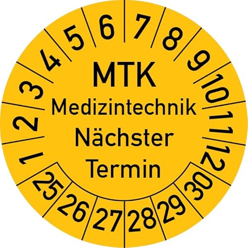 MTK Medizintechnik Nächster Termin Prüfplakette, 250 Stück, in verschiedenen Farben und Größen, Prüfetikett Prüfsiegel Plakette MTK Prüfung (20 mm Ø, Gelb) von Rosenbaum Offsetdruck