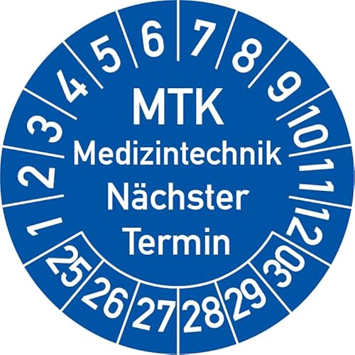 MTK Medizintechnik Nächster Termin Prüfplakette, 500 Stück, in verschiedenen Farben und Größen, Prüfetikett Prüfsiegel Plakette MTK Prüfung (25 mm Ø, Blau) von Rosenbaum Offsetdruck