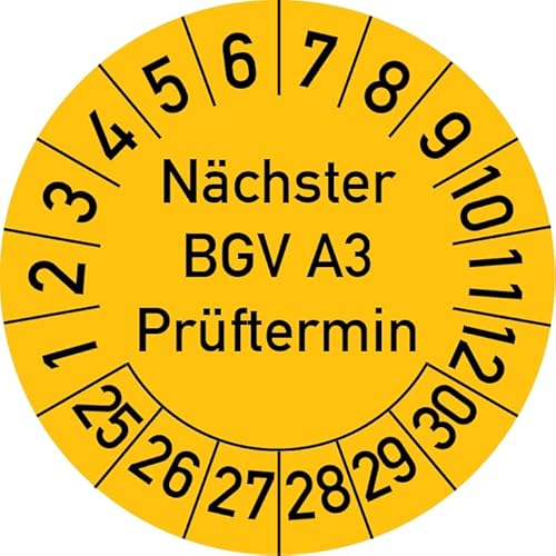 Nächster BGV A3 Prüftermin Prüfplakette, 100 Stück, in verschiedenen Farben und Größen, Prüfetikett Prüfsiegel Plakette (20 mm Ø, Gelb) von Rosenbaum Offsetdruck