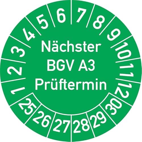 Nächster BGV A3 Prüftermin Prüfplakette, 500 Stück, in verschiedenen Farben und Größen, Prüfetikett Prüfsiegel Plakette (35 mm Ø, Grün) von Rosenbaum Offsetdruck