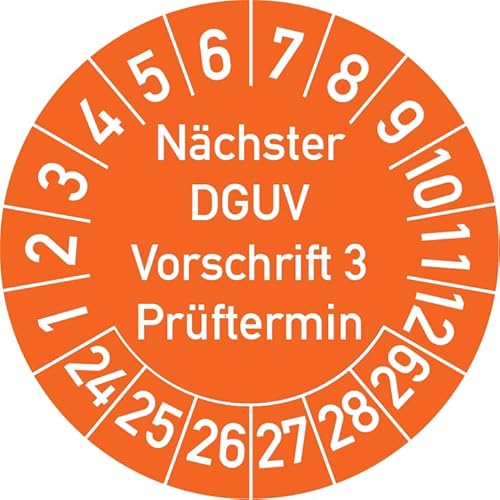 Nächster DGUV Vorschrift 3 Prüftermin Prüfplakette, 100 Stück, in verschiedenen Farben und Größen, Prüfetikett Prüfsiegel Plakette Nächste Prüfung DGUV V3 (20 mm Ø, Orange) von Rosenbaum Offsetdruck