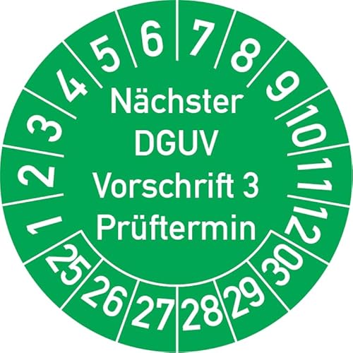 Nächster DGUV Vorschrift 3 Prüftermin Prüfplakette, 100 Stück, in verschiedenen Farben und Größen, Prüfetikett Prüfsiegel Plakette Nächste Prüfung DGUV V3 (25 mm Ø, Grün) von Rosenbaum Offsetdruck