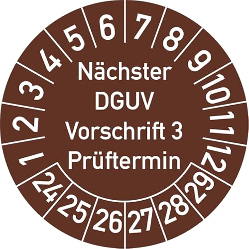 Nächster DGUV Vorschrift 3 Prüftermin Prüfplakette, 250 Stück, in verschiedenen Farben und Größen, Prüfetikett Prüfsiegel Plakette Nächste Prüfung DGUV V3 (20 mm Ø, Braun) von Rosenbaum Offsetdruck