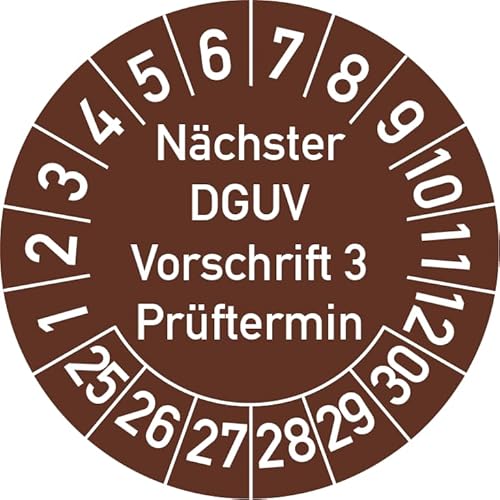 Nächster DGUV Vorschrift 3 Prüftermin Prüfplakette, 250 Stück, in verschiedenen Farben und Größen, Prüfetikett Prüfsiegel Plakette Nächste Prüfung DGUV V3 (20 mm Ø, Braun) von Rosenbaum Offsetdruck