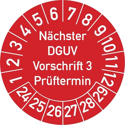 Nächster DGUV Vorschrift 3 Prüftermin Prüfplakette, 250 Stück, in verschiedenen Farben und Größen, Prüfetikett Prüfsiegel Plakette Nächste Prüfung DGUV V3 (20 mm Ø, Rot) von Rosenbaum Offsetdruck