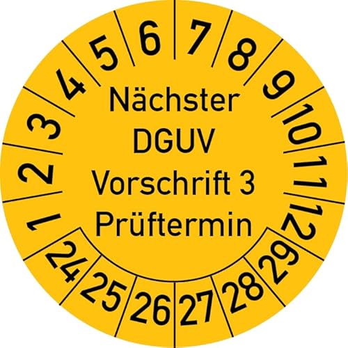 Nächster DGUV Vorschrift 3 Prüftermin Prüfplakette, 250 Stück, in verschiedenen Farben und Größen, Prüfetikett Prüfsiegel Plakette Nächste Prüfung DGUV V3 (30 mm Ø, Gelb) von Rosenbaum Offsetdruck