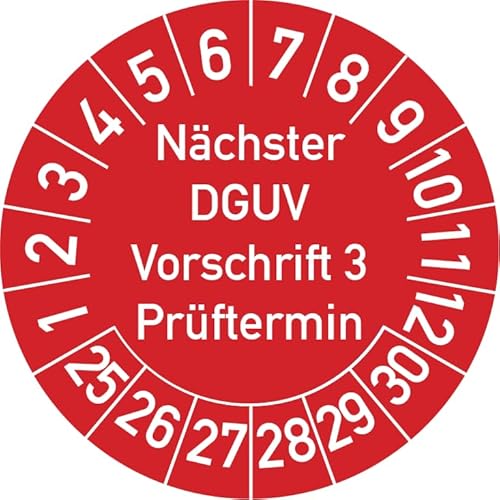 Nächster DGUV Vorschrift 3 Prüftermin Prüfplakette, 250 Stück, in verschiedenen Farben und Größen, Prüfetikett Prüfsiegel Plakette Nächste Prüfung DGUV V3 (35 mm Ø, Rot) von Rosenbaum Offsetdruck