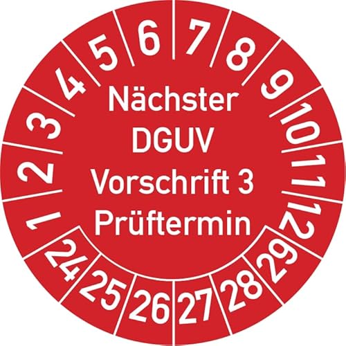 Nächster DGUV Vorschrift 3 Prüftermin Prüfplakette, 500 Stück, in verschiedenen Farben und Größen, Prüfetikett Prüfsiegel Plakette Nächste Prüfung DGUV V3 (20 mm Ø, Rot) von Rosenbaum Offsetdruck