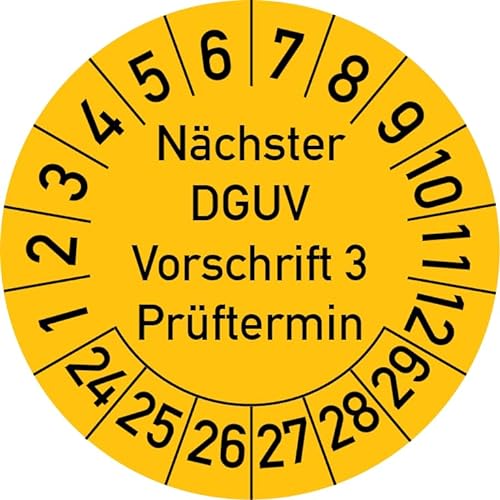 Nächster DGUV Vorschrift 3 Prüftermin Prüfplakette, 500 Stück, in verschiedenen Farben und Größen, Prüfetikett Prüfsiegel Plakette Nächste Prüfung DGUV V3 (25 mm Ø, Gelb) von Rosenbaum Offsetdruck