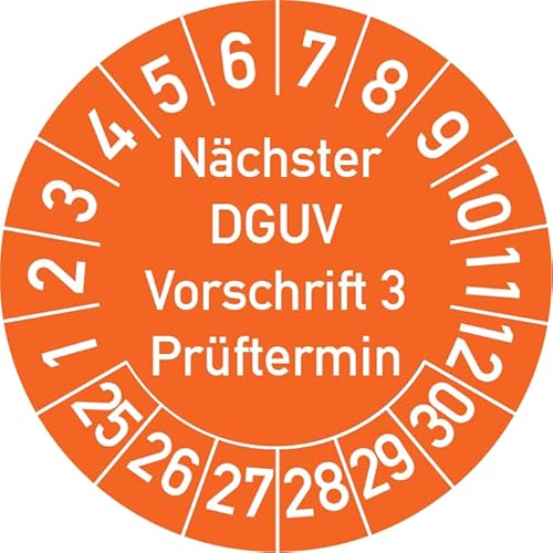 Nächster DGUV Vorschrift 3 Prüftermin Prüfplakette, 500 Stück, in verschiedenen Farben und Größen, Prüfetikett Prüfsiegel Plakette Nächste Prüfung DGUV V3 (30 mm Ø, Orange) von Rosenbaum Offsetdruck