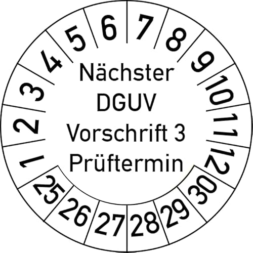 Nächster DGUV Vorschrift 3 Prüftermin Prüfplakette, 500 Stück, in verschiedenen Farben und Größen, Prüfetikett Prüfsiegel Plakette Nächste Prüfung DGUV V3 (35 mm Ø, Weiß) von Rosenbaum Offsetdruck