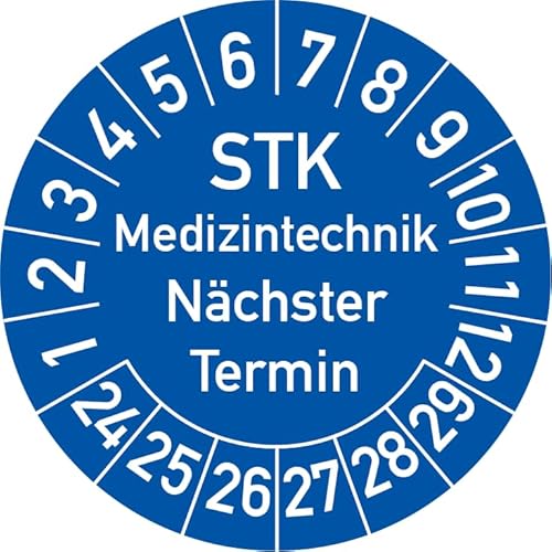 STK Medizintechnik Nächster Termin Prüfplakette, 100 Stück, in verschiedenen Farben und Größen, Prüfetikett Prüfsiegel Plakette STK Prüfung (25 mm Ø, Blau) von Rosenbaum Offsetdruck