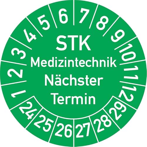 STK Medizintechnik Nächster Termin Prüfplakette, 100 Stück, in verschiedenen Farben und Größen, Prüfetikett Prüfsiegel Plakette STK Prüfung (25 mm Ø, Grün) von Rosenbaum Offsetdruck