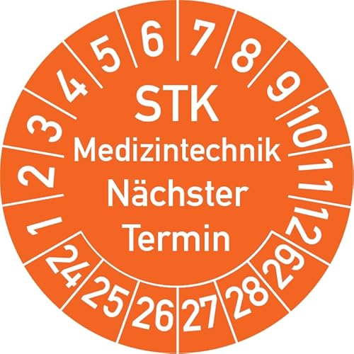 STK Medizintechnik Nächster Termin Prüfplakette, 100 Stück, in verschiedenen Farben und Größen, Prüfetikett Prüfsiegel Plakette STK Prüfung (30 mm Ø, Orange) von Rosenbaum Offsetdruck