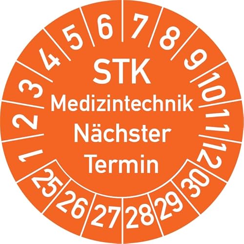 STK Medizintechnik Nächster Termin Prüfplakette, 100 Stück, in verschiedenen Farben und Größen, Prüfetikett Prüfsiegel Plakette STK Prüfung (35 mm Ø, Orange) von Rosenbaum Offsetdruck