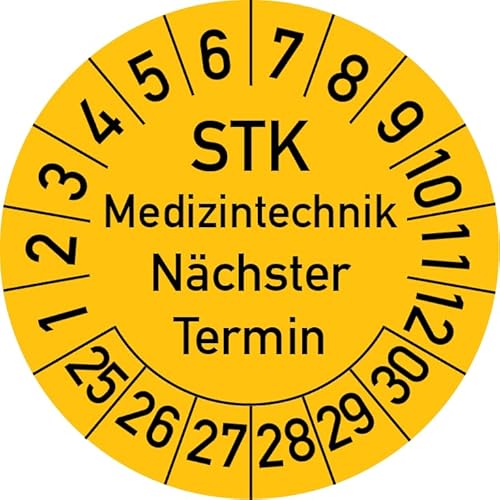 STK Medizintechnik Nächster Termin Prüfplakette, 250 Stück, in verschiedenen Farben und Größen, Prüfetikett Prüfsiegel Plakette STK Prüfung (30 mm Ø, Gelb) von Rosenbaum Offsetdruck