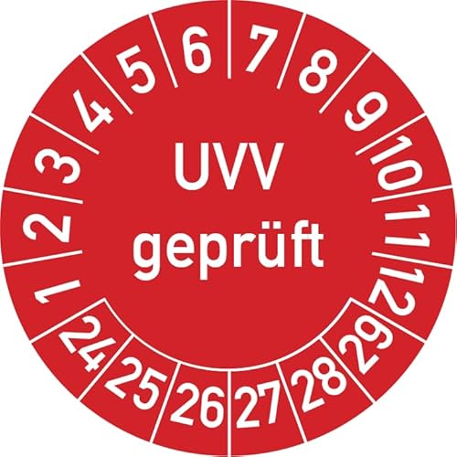 UVV Geprüft Prüfplakette, 100 Stück, in verschiedenen Farben und Größen, Prüfetikett Prüfsiegel Plakette (25 mm Ø, Rot) von Rosenbaum Offsetdruck