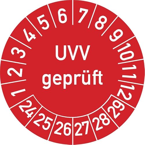 UVV Geprüft Prüfplakette, 100 Stück, in verschiedenen Farben und Größen, Prüfetikett Prüfsiegel Plakette (35 mm Ø, Rot) von Rosenbaum Offsetdruck