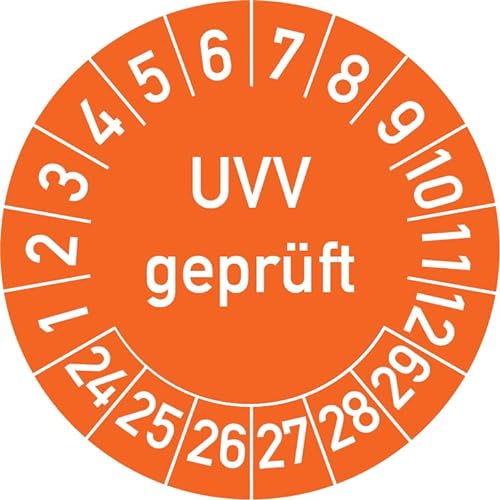 UVV Geprüft Prüfplakette, 100 Stück, in verschiedenen Farben und Größen, Prüfetikett Prüfsiegel Plakette (35 mm Ø, Orange) von Rosenbaum Offsetdruck