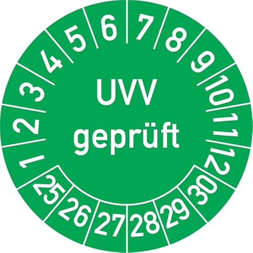 UVV Geprüft Prüfplakette, 250 Stück, in verschiedenen Farben und Größen, Prüfetikett Prüfsiegel Plakette (20 mm Ø, Grün) von Rosenbaum Offsetdruck