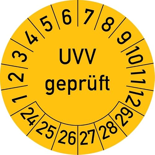 UVV Geprüft Prüfplakette, 250 Stück, in verschiedenen Farben und Größen, Prüfetikett Prüfsiegel Plakette (25 mm Ø, Gelb) von Rosenbaum Offsetdruck