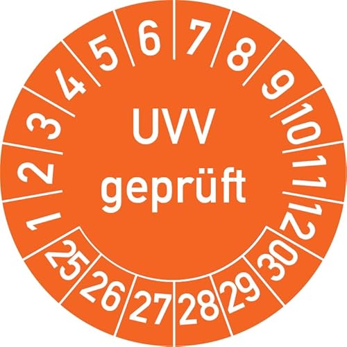 UVV Geprüft Prüfplakette, 250 Stück, in verschiedenen Farben und Größen, Prüfetikett Prüfsiegel Plakette (25 mm Ø, Orange) von Rosenbaum Offsetdruck