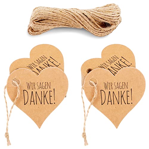 RosewineC 100 Stück Geschenkanhänger Kraftpapier WIR Sagen Danke Anhänger,Kraftpapier Anhänger mit Schnur Etiketten Herzanhänger für Hochzeit Geburtstag Fest Geschenkverpackung von RosewineC