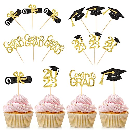 12 Stück Kuchen Topper Muffin Cake Topper Glitter Cupcake Topper Gold und Schwarz Kuchendekoration 2023 Graduation Cupcake Toppers Party Tortendeko für 2023 Abschluss Kuchen Partyzubehör von Roseyan