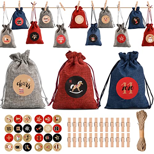 24 Stück Weihnachten Kordelzug Taschen Geschenkbeutel Leinen Adventskalender Geschenksäckchen Jutesäckchen mit Holzclip Adventszahlen Aufkleber und Schnur für Süßigkeiten Geschenkverpackung von Roseyan