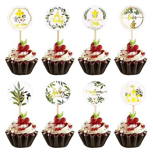 48 Stück Taufe Cupacake Topper Kommunion Torte Topper Cupcake Toppers Willkommen Baby Shower Tortendeko Taufe Kommunion Kreuz Taube Blume Zweig Konfirmation Tortendeko für Kuchen Dessertdeko(48) von Roseyan