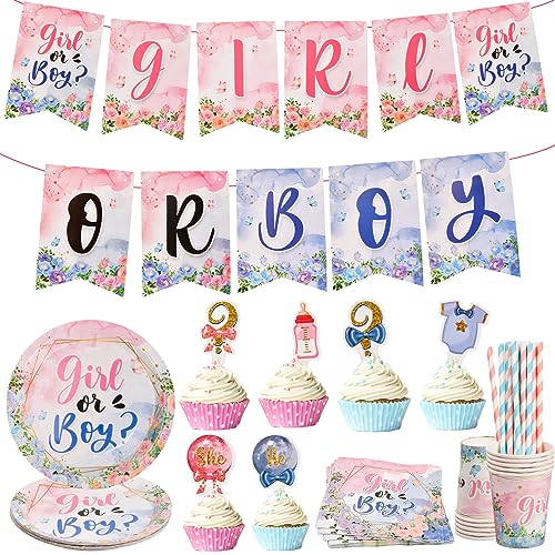 Partygeschirr Set 119 Stück Teller Pappbecher Gewebe Stroh Ziehen Sie die Fahne Kleine Karte Babyparty Deko Babyparty Geschirr Babyparty Deko Neutral Partygeschirr Set (Blau Rosa) von Roseyan