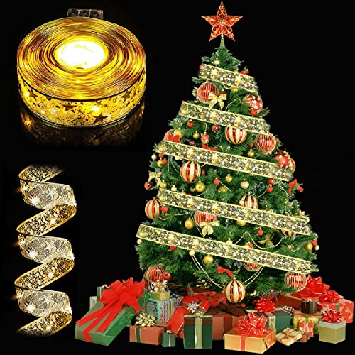 RosyFate Weihnachtsbaum Lichterkette LED, 5M Weihnachtsbaum Band, Glitzer Band, Weihnachten Lichterkette, Weihnachtsbeleuchtung Außen &Innen, Gold, Warmes Licht von RosyFate