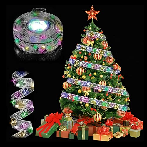 RosyFate Weihnachtsbaum Lichterkette LED, 5M Weihnachtsbaum Band, Glitzer Band, Weihnachten Lichterkette, Weihnachtsbeleuchtung Außen &Innen, Silber, Farbige Lichter von RosyFate