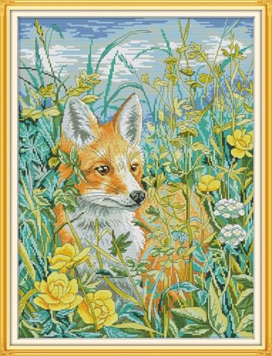 Rosyfoxes Kreuzstich-Set, geprägt, komplettes Sortiment an Stickerei-Starter-Sets für Anfänger, DIY, 14 CT, 2 Stränge – gedruckte Kits Der Fuchs im Busch (gedruckt), 38,1 x 70,6 cm von Rosyfoxes