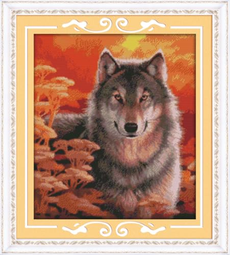 Rosyfoxes Kreuzstich-Set, geprägt, komplettes Sortiment an Stickerei-Starter-Sets für Anfänger, zum Selbermachen, bedrucktes Set Herbstwolf (gedruckt), 14 CT17,6 x 49 cm von Rosyfoxes