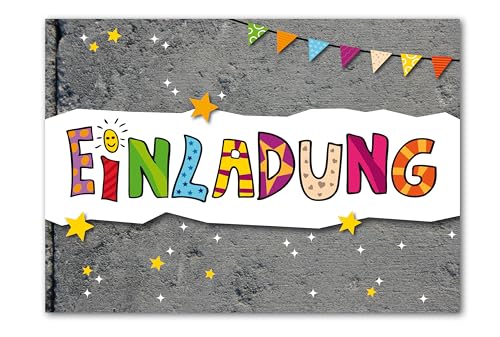 RotfuchsDesign – 12 Einladungen Einladungskarten Geburtstag Kindergeburtstag bunt fröhlich cool frech lustig Hochglanzlack Mädchen Junge Kinder zum Ausfüllen DIN A6 Motto-Party Fest Feier Party von RotfuchsDesign