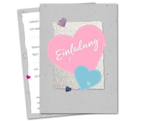 RotfuchsDesign – Einladung mit Herz 12 Einladungskarten mit GLITZER Geburtstag Party Abschied Jubiläum Erwachsene Frau Mädchen zum Ausfüllen modernes Design DIN A6 (ohne Umschläge) von RotfuchsDesign