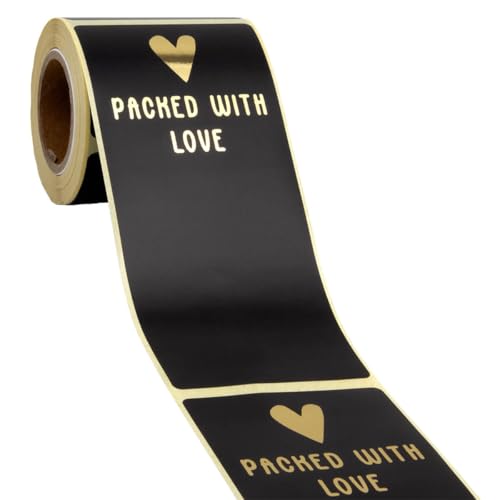 100x Verschlussaufkleber 'Packed with love' Schwarz-Gold - Sticker - Verschlussetiketten - Siegel Aufkleber - Etiketten von Rotim.nl