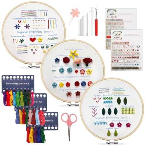 Roucerlin 3 Sets Stickset für Anfänger und Erwachsene, Stickerei-Set zum Handlernen, Stickübung, gestempelt, Stickerei-Starter-Set mit Reifen, Farbfäden, Schere, Nadeln und Handbüchern (Blume) von Roucerlin