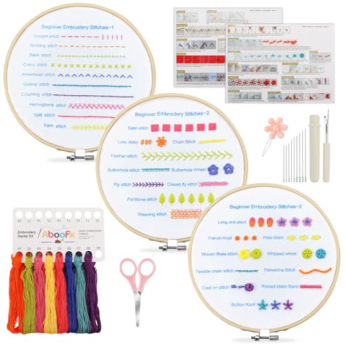 Roucerlin 3 Sets Stickset für Anfänger und Erwachsene, Stickerei-Set zum Lernen von Hand, Stickübung, gestempelt, Stickerei-Starter-Set mit Reifen, Farbfäden, Schere, Nadeln und Handbüchern (einfach) von Roucerlin