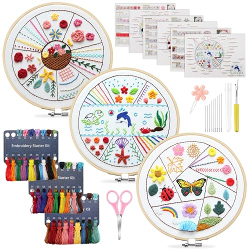 Roucerlin 3 Sets Stickset für Anfänger und Erwachsene, Stickerei-Set zum Lernen von Hand, Stickübung, gestempelt, Stickerei-Starter-Set mit Reifen, Farbfäden, Schere, Nadeln und Handbüchern (Tier) von Roucerlin