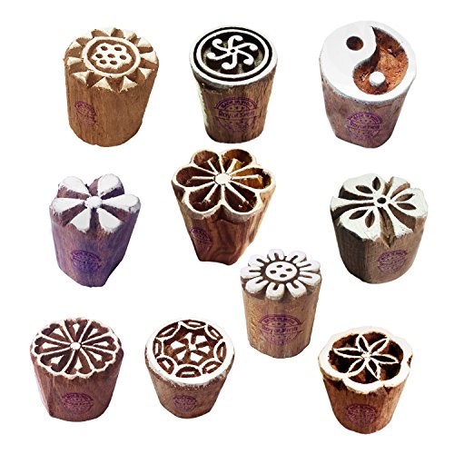 Mehndi Druck Stempel Stilvoll Klein Blumen Runden Entwürfe Holz Blöcke (Set von 10) von Royal Kraft