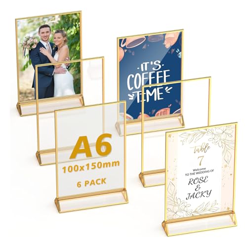 Royiwe Goldener doppelseitiger Bilderrahmen | A6 6er-Pack | 10X15CM Acryl Gold Tischkartenhalter | Aufsteller im Staffelei-Stil | Goldrahmen für Hochzeit Tischnummern, Fotorahmen，Speisekartenhalter von Royiwe