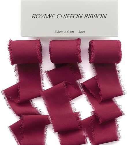 Schleifenband breit Weinrot|3,8cm x 19,2m| 3 Rollen Rot Geschenkband Hochzeit Chiffonband Stoffband Fransenband Bänder zum basteln Bordeaux Rot(Burgunderrot) von Royiwe