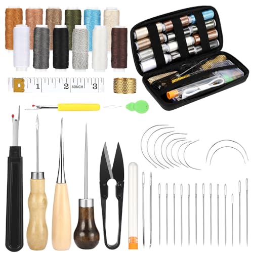 Royouzi 48 PCS Leder NäHset, Leder Werkzeug set Mit 12 Farben NäHgarn, Auswerferstift, NäHnadeln, Ahle und NäHentferner Multifunktional DIY LedernäHset von Royouzi