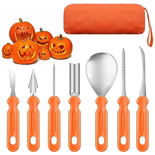 Royouzi Halloween Kürbis Schnitzset, 7 Stück Kürbis Schnitzen Set DIY Halloween Dekoration Edelstahl Kürbis Schnitzwerkzeuge mit Oxford-Stoff Tragetasche für Kinder und Familie von Royouzi