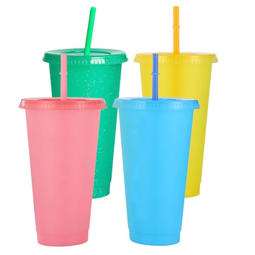 Roysmart 4 Stück Trinkbecher mit Deckel und Strohhalm, 700ml Plastikbecher Mehrweg Bunt, Wiederverwendbar Hartplastik Becher, Erwachsene Kinder Partybecher Tasse Cup Travel Mug Kaffeebecher von Roysmart