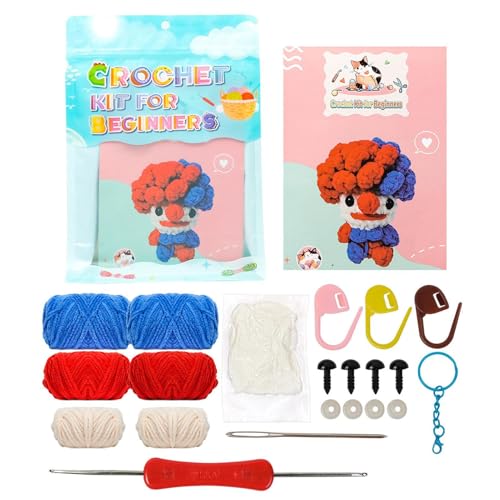 Häkelpuppe Kit, Easy Crochet Kit Kinder, Rot und Blau Puppe Häkelset Anfänger, Handgefertigtes Strickset, Häkel-Start-Kit, Super Garn Häkelset mit Zubehör, Zum Stricken, Häkeln, Basteln von Rproonay